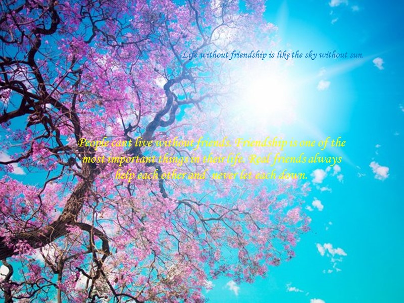 Life without friendship is like the sky without sun. People cant live without friends.